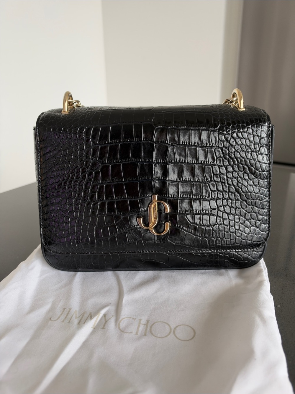 Jimmy Choo Black Croc-Embossed Shoulder Bag with Gold JC Logo
